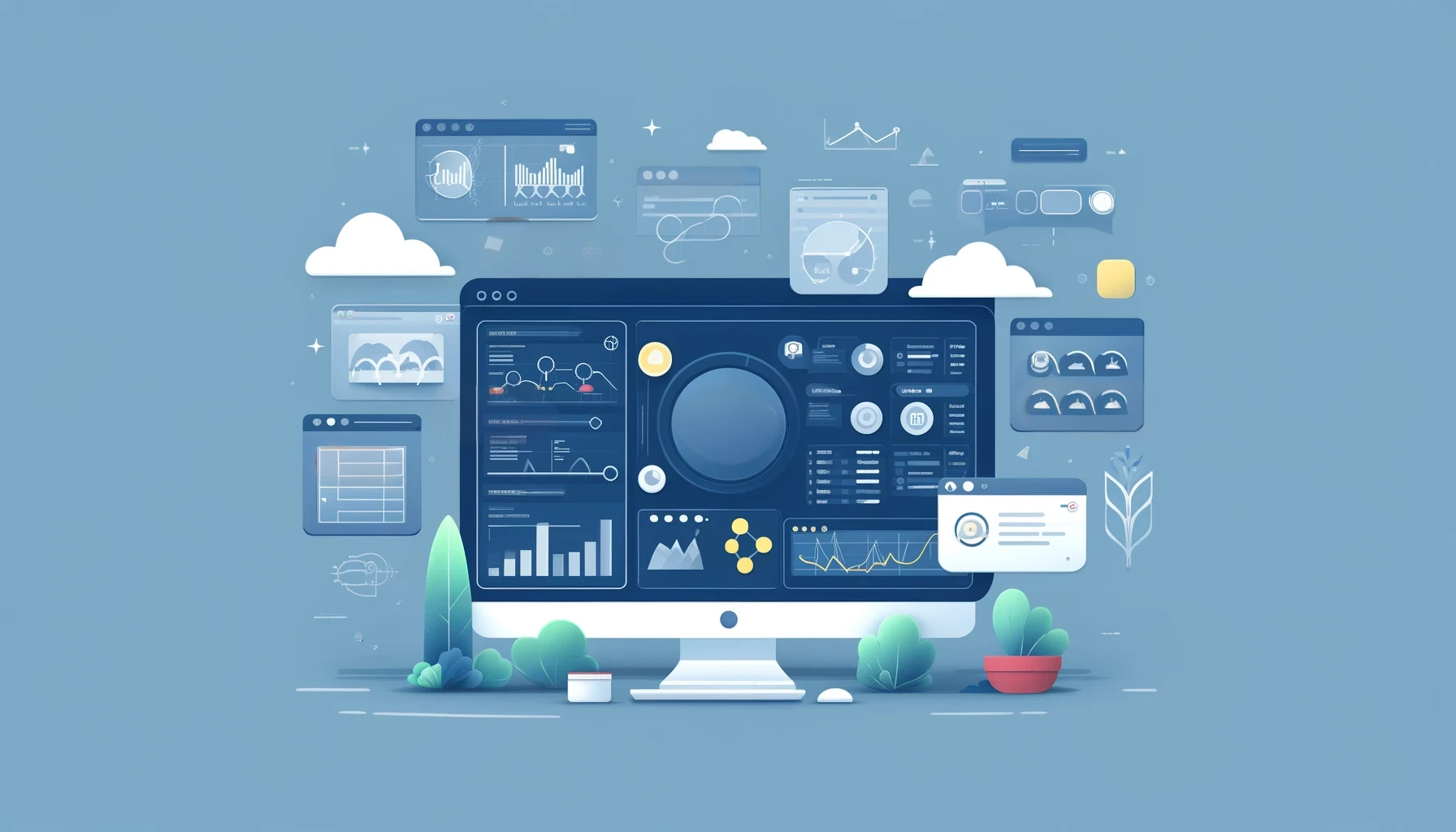 A minimalist, flat 2D digital illustration of a digital dashboard showing various data visualizations and charts on a computer screen, emphasizing a clean and modern graphical layout.